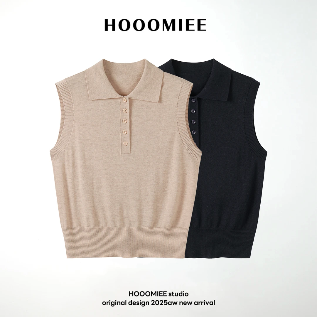 Hooomiee简约休闲女士百搭马甲纯色polo领无袖夏季舒适背心J25034