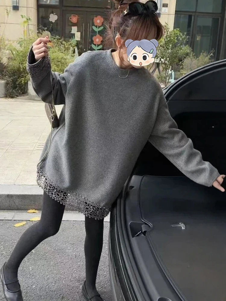 设计感拼接镂空蕾丝宽松卫衣女秋冬新款慵懒风新年圣诞中长款上衣