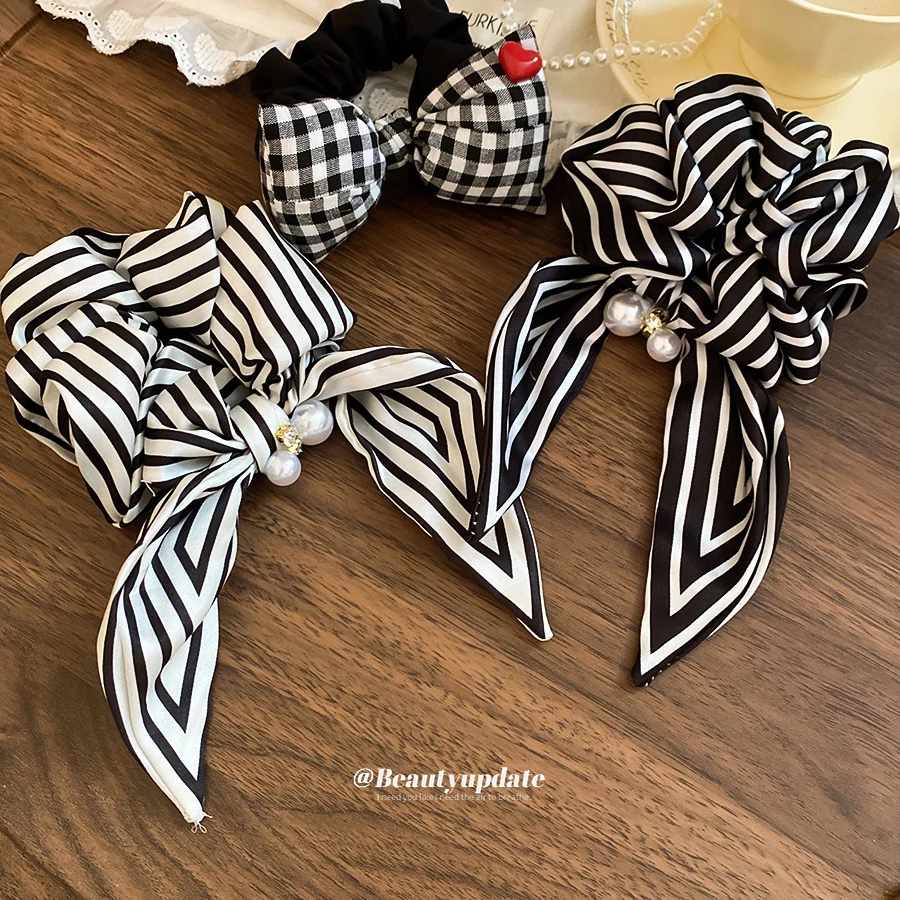 BY镶钻布艺蝴蝶结条纹丝巾大肠发圈时尚简约气质发绳低马尾发饰