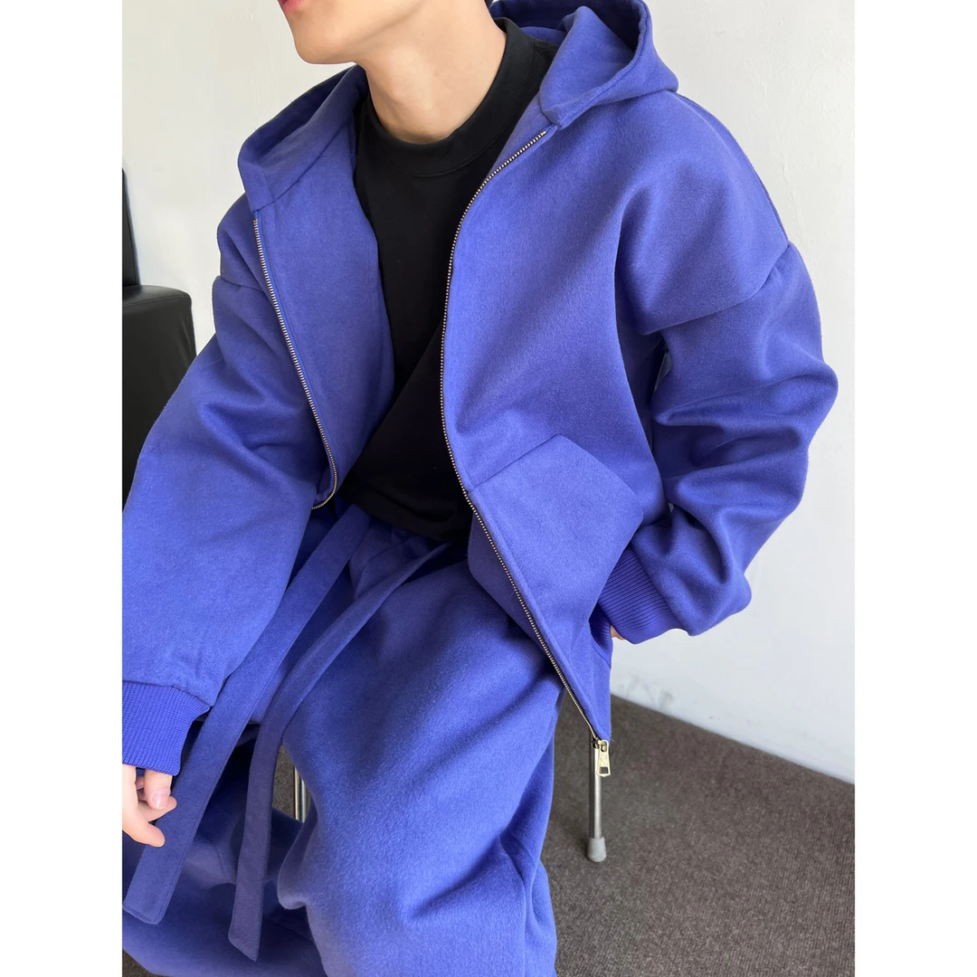 dannyandzee秋季百搭复古潮流蓝紫色双面呢料挺阔纯色套装SW670