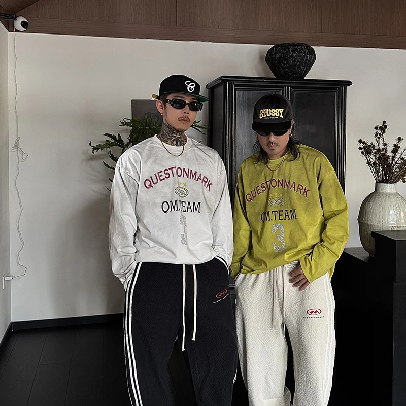 白鹤大人 水洗做旧圆领字母印花长袖T恤男秋季球衣风做脏宽松上衣