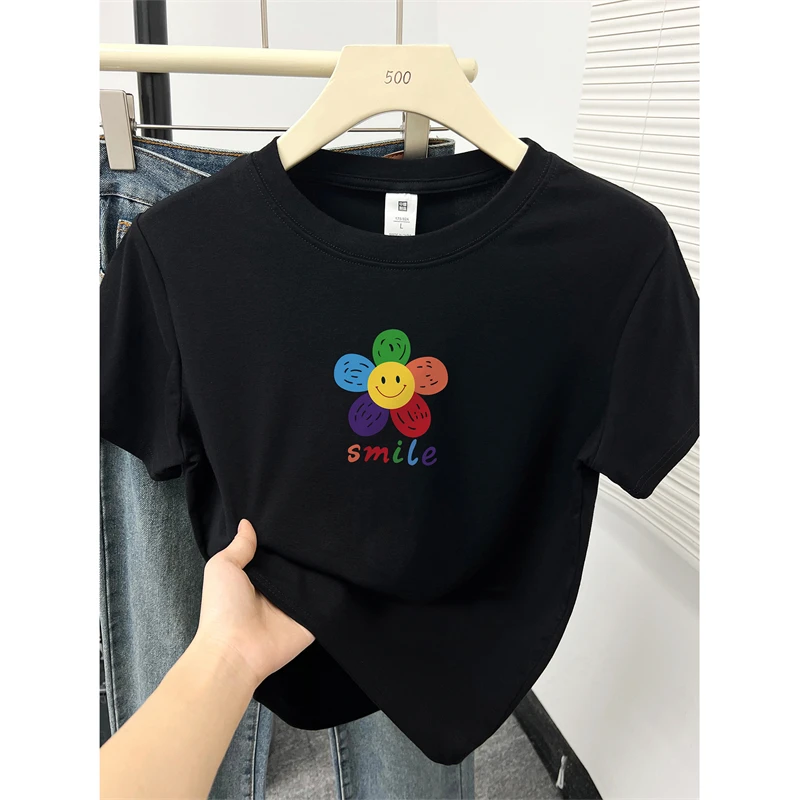 黑色大码正肩短袖t恤女夏季设计感时尚小众花朵印花圆领半袖上衣