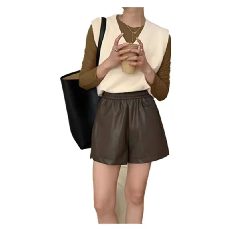 邹先森7805-28春季新款松紧高腰短裤PU休闲A字裤显瘦气质