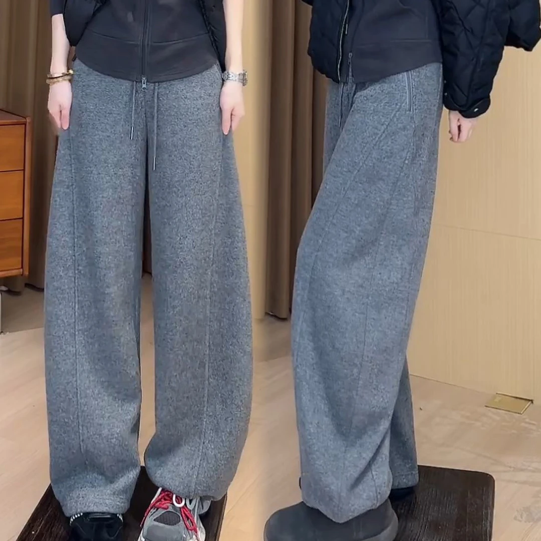 加绒加厚弯刀阔腿女士卫裤2025秋冬季新款时尚宽松显瘦休闲长裤潮