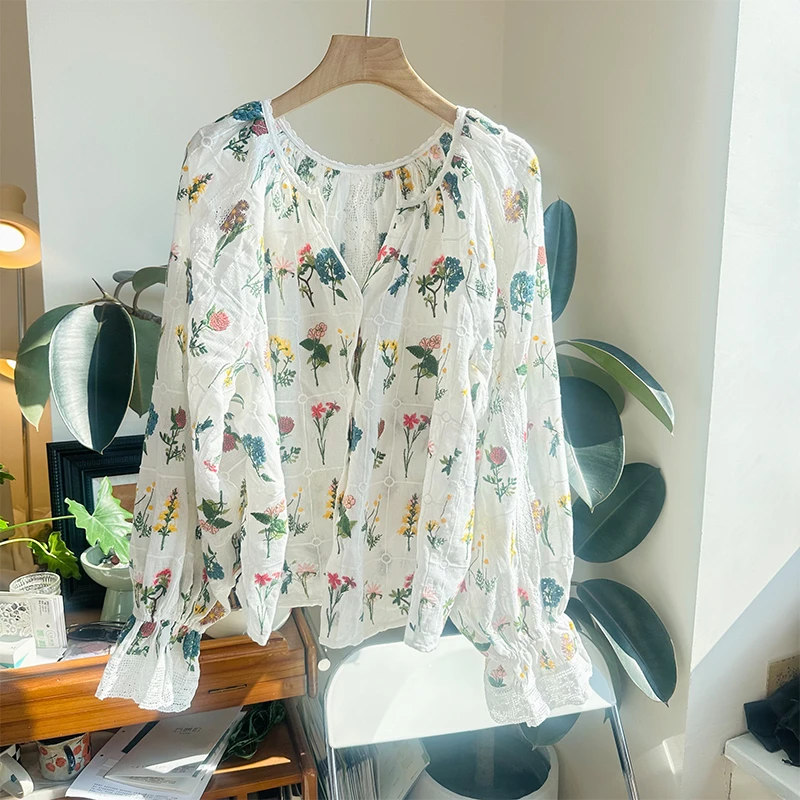 35CS3480重工彩色花朵刺绣蕾丝衬衫女复古时尚度假高级感宽松上衣