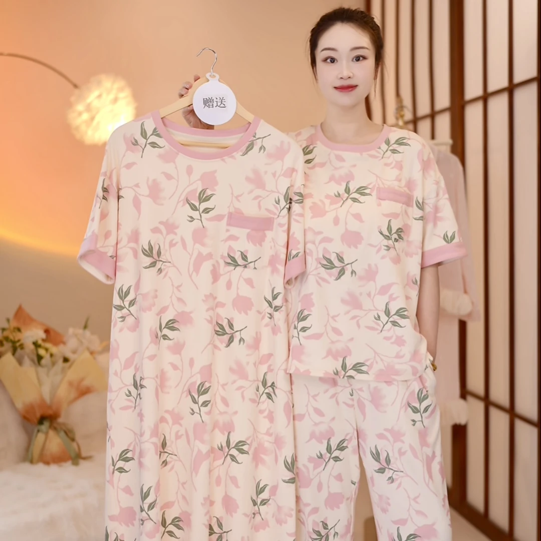 新品【桃夭～拍一发三】纯棉短袖七分裤舒适家居服套装可外穿