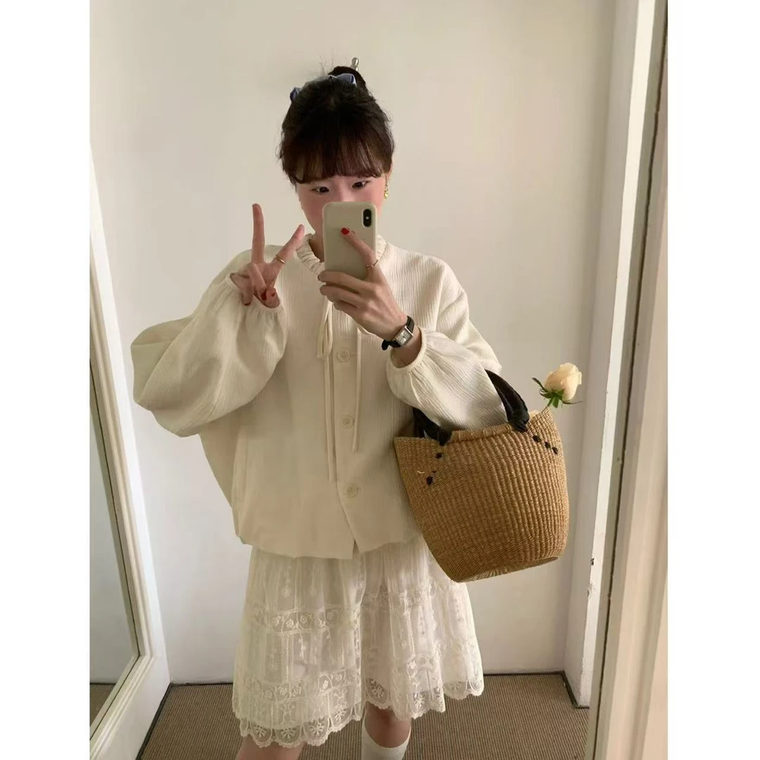 韩系温柔圆领系带设计感灯笼袖短外套2515 衣长60