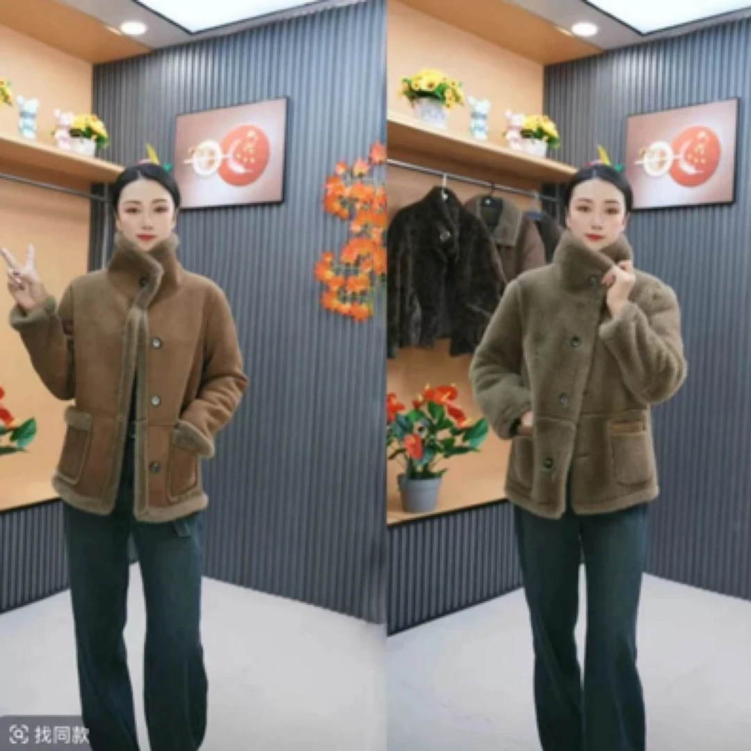 2024新款秋冬时尚外套皮毛一体双面穿百搭女士宽松上衣加厚外套