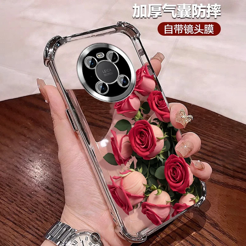 适用华为mate40手机壳透明防摔硅胶mate40pro新年自带镜头膜花朵