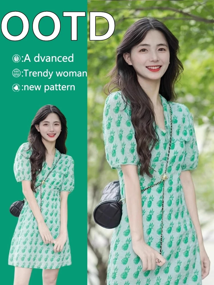 夏日多巴胺绿色v领雪纺漂亮气质连衣裙女叛逆千金风短款初恋裙子