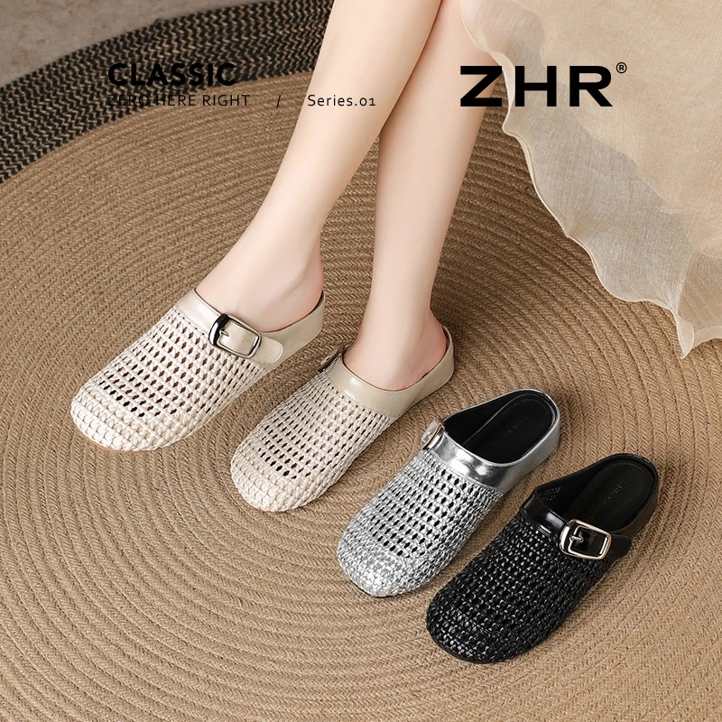 ZHR/则则穆勒拖鞋女夏网面镂空透气内增高时尚外穿平底包头拖鞋Z