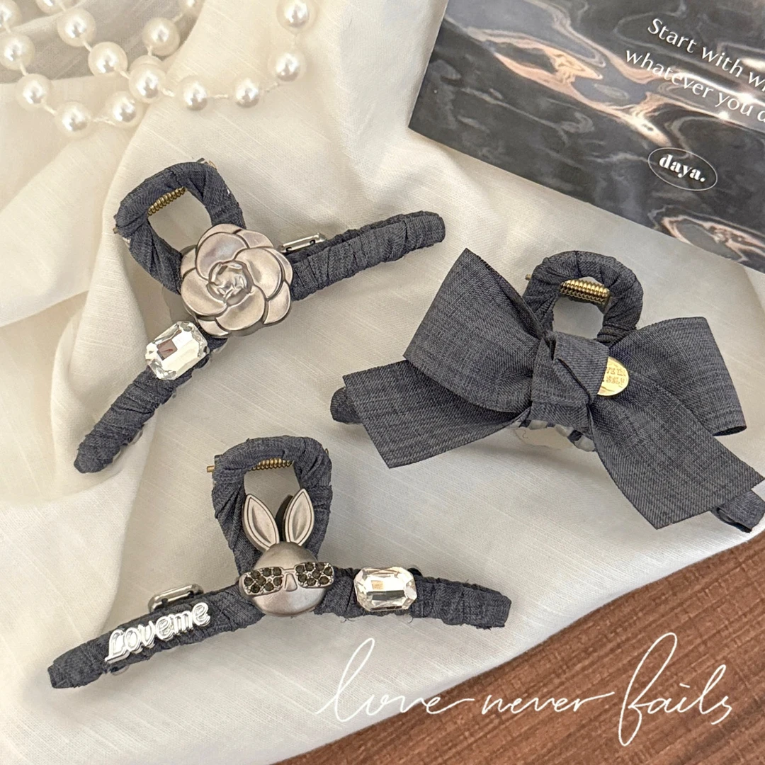 法式布艺灰色大号蝴蝶结抓夹女生长发后脑勺盘发夹复古鲨鱼夹发饰