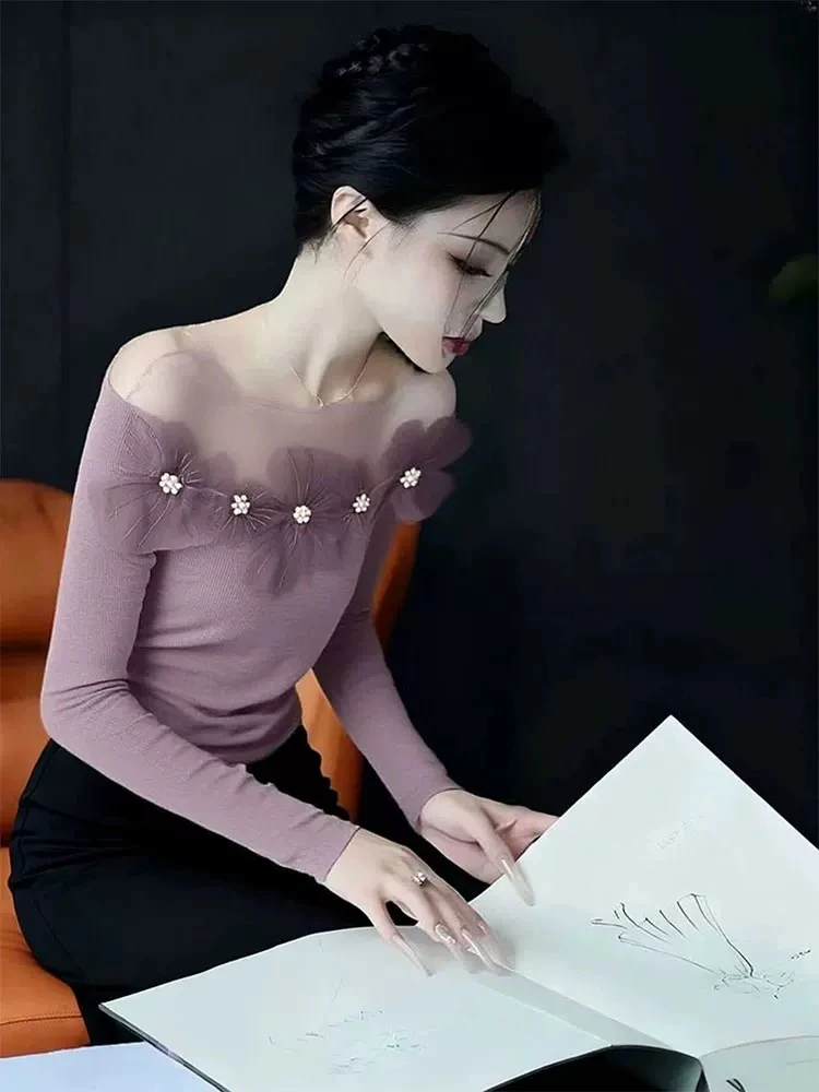 SS5045紫色一字肩网纱花朵重工设计感长袖T恤女超好看漂亮上衣