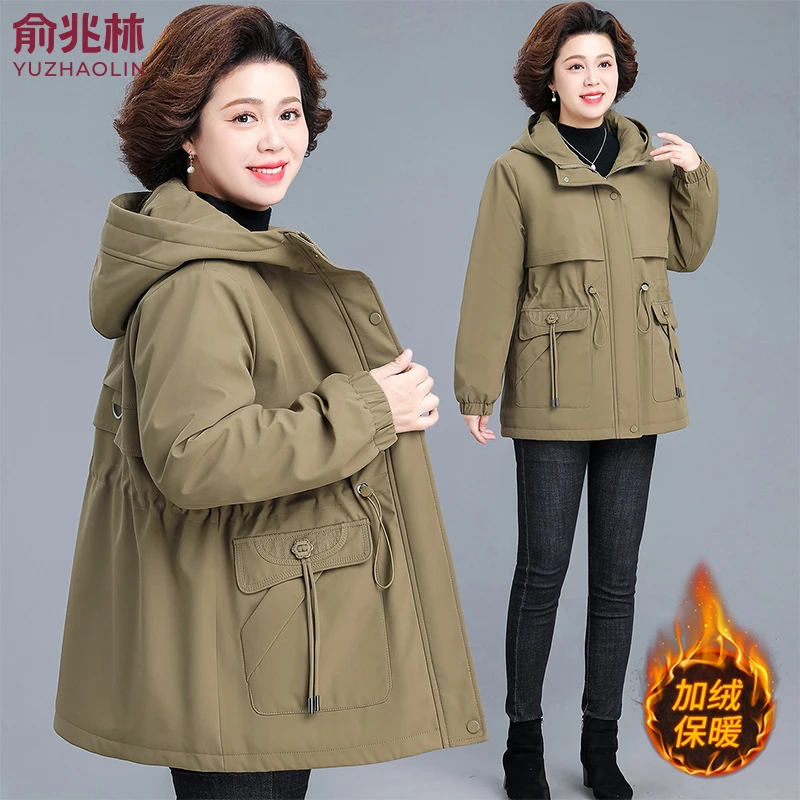 俞兆林50岁妈妈春装外套中长款洋气风衣中老年女春秋连帽夹克上衣