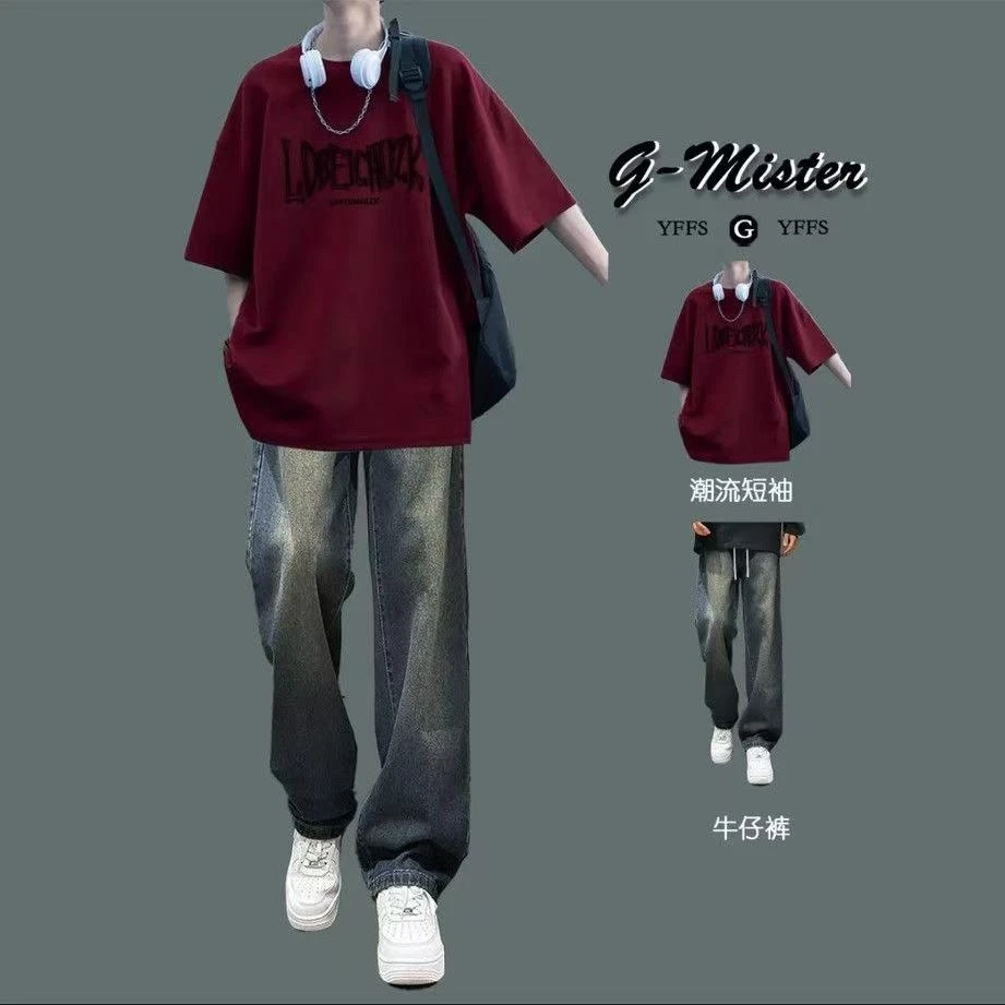 设计感短袖套装男生夏季美式潮流t恤搭配高街牛仔裤青少年两件套