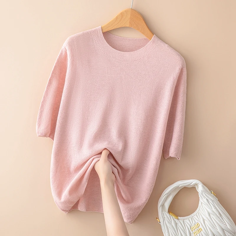 【一线成桂花针圆领】夏季新款女短袖针织打底衫T恤衫套头薄款上衣