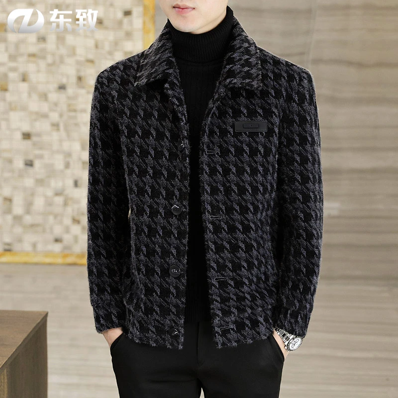 东致秋冬季千鸟格毛呢外套男士短款时尚潮流休闲呢子大衣加厚夹克
