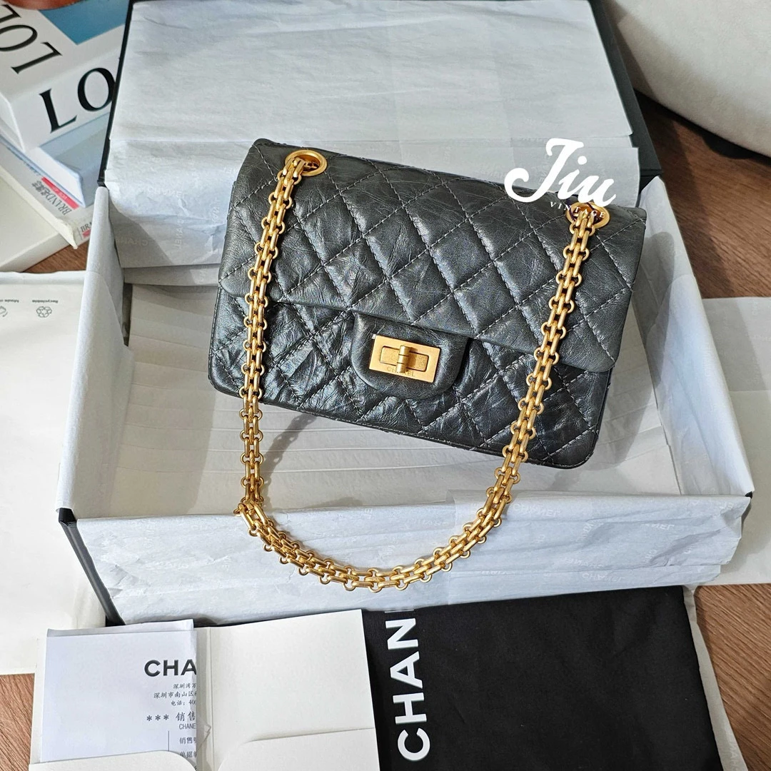 99新 Chanel/香奈儿 深灰色金扣2.55大mini芯片JM2-7378单肩包