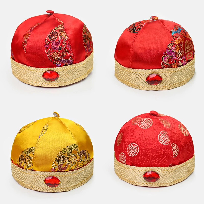 新款男女宝宝抓周唐装帽新生婴儿周岁套头地主帽儿童礼帽瓜皮帽