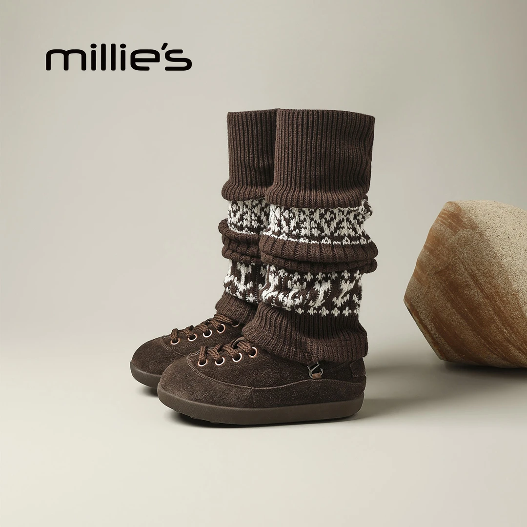 millies妙丽复古加绒两穿女鞋2025年冬季新款堆堆袜靴保暖棉鞋子