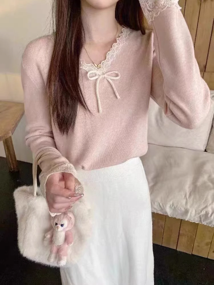 法式温柔蝴蝶结蕾丝拼接长袖针织衫上衣女秋冬超好看粉色修身毛衣
