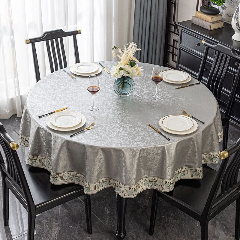 新中式PU防水防油免洗圆桌台布酒店饭店加厚款高档刺绣花边餐桌布