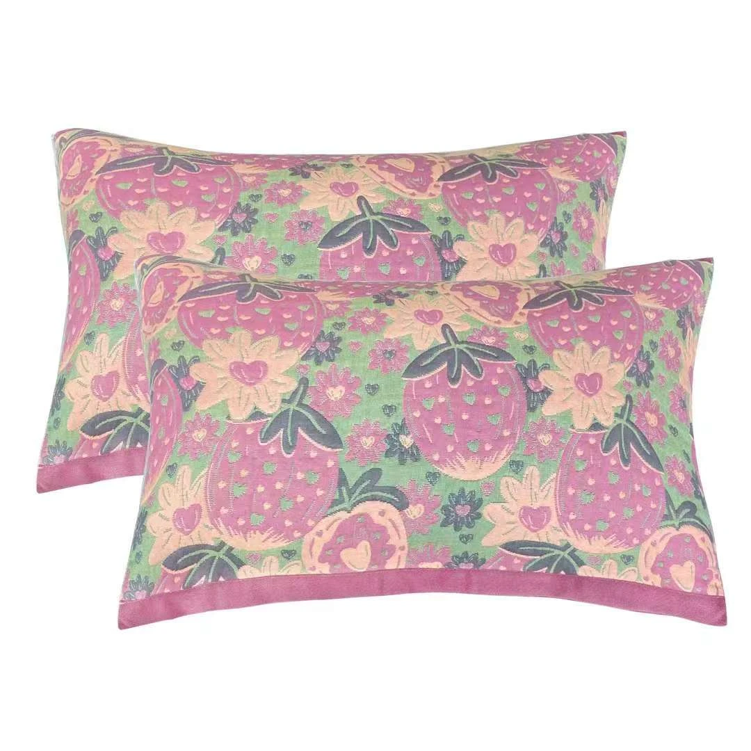 花心草莓52*78纱布纯棉枕巾一对装枕头巾透气吸汗防污