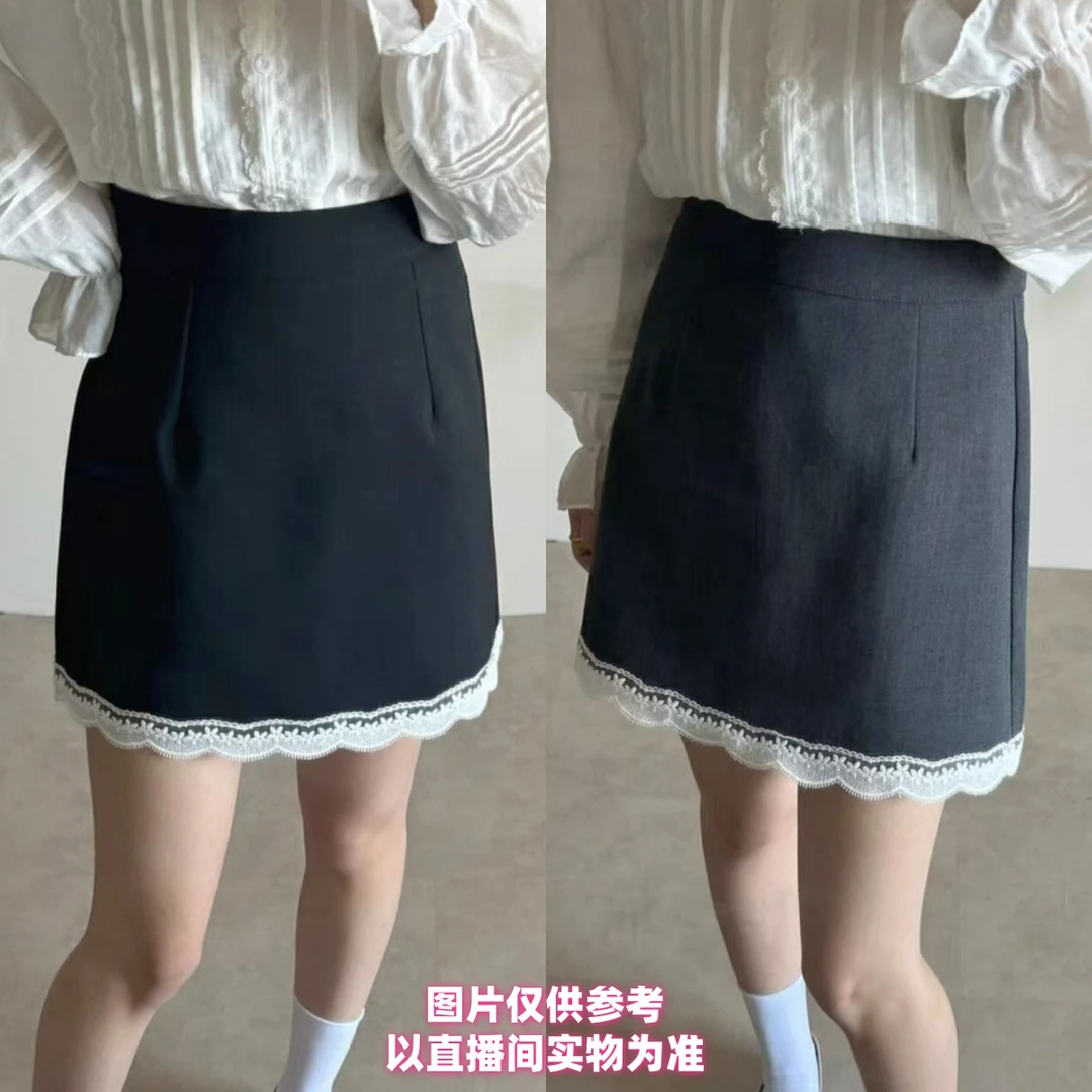 胖汐*拼色蕾丝边短裙防走光设计感中高腰显瘦不规则百搭