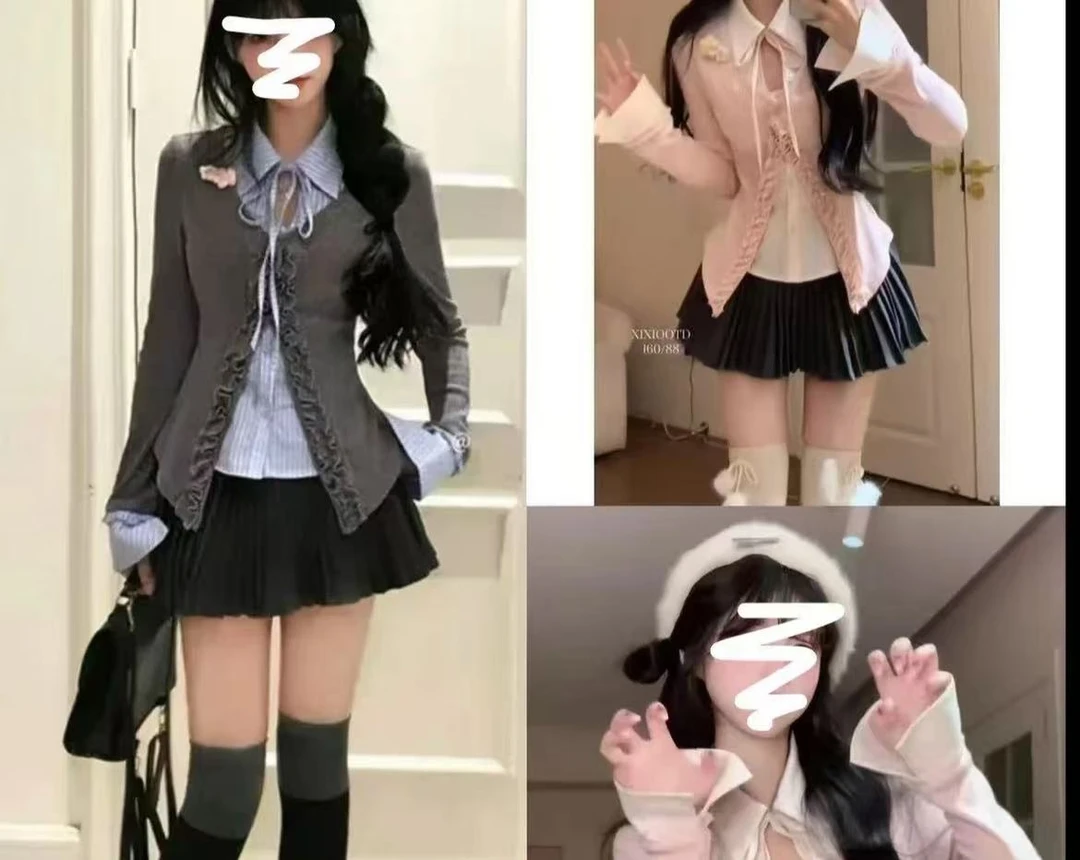 2025韩系学院风假两件针织开衫上衣百搭修身收腰百褶裙套装