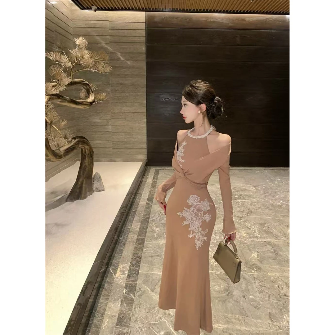 多种穿法假两件优雅长袖连衣裙重工刺绣蕾丝修身垂感鱼尾长裙