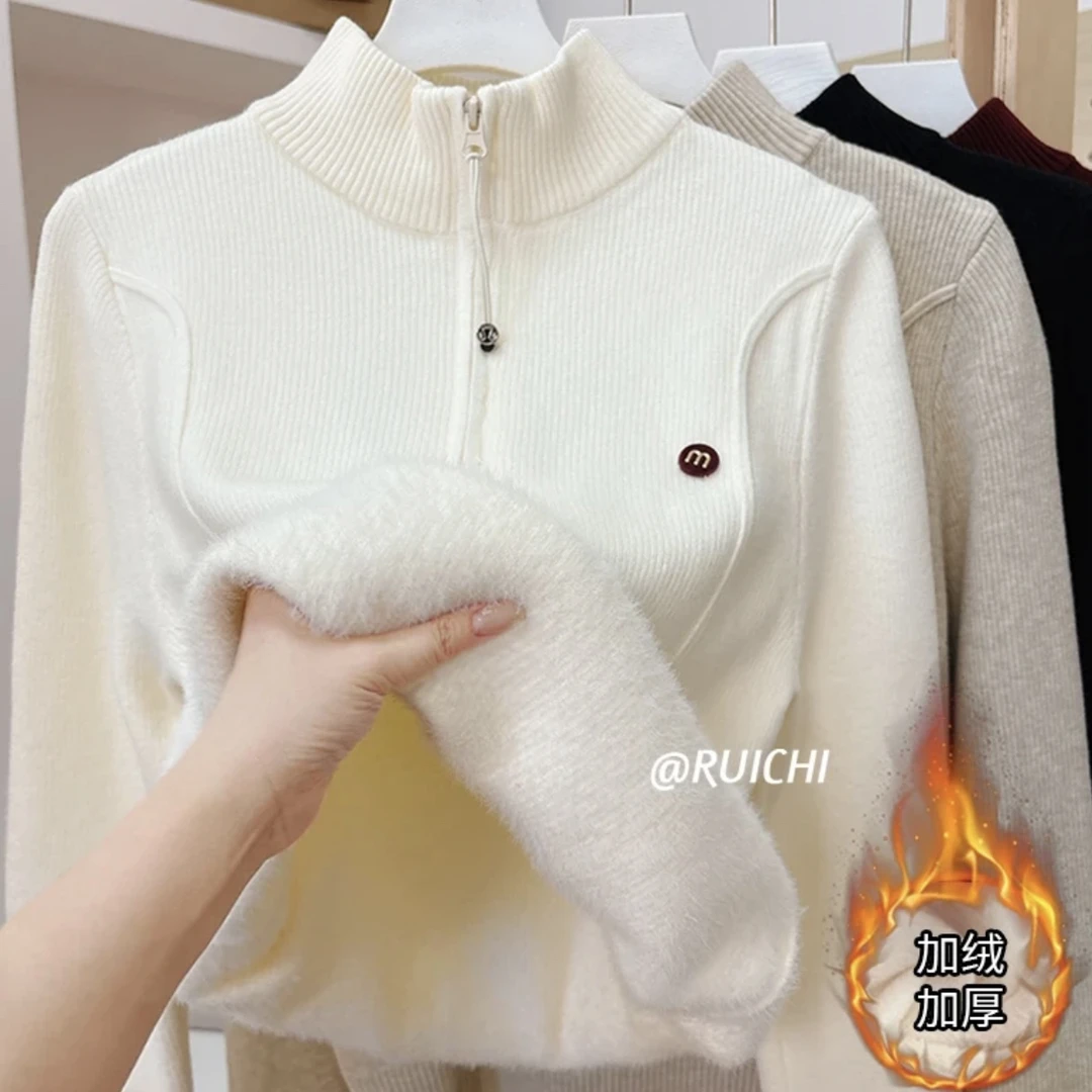 加绒半高领拉链毛衣针织衫女秋冬显瘦打底衫加厚一体绒内搭上衣A6