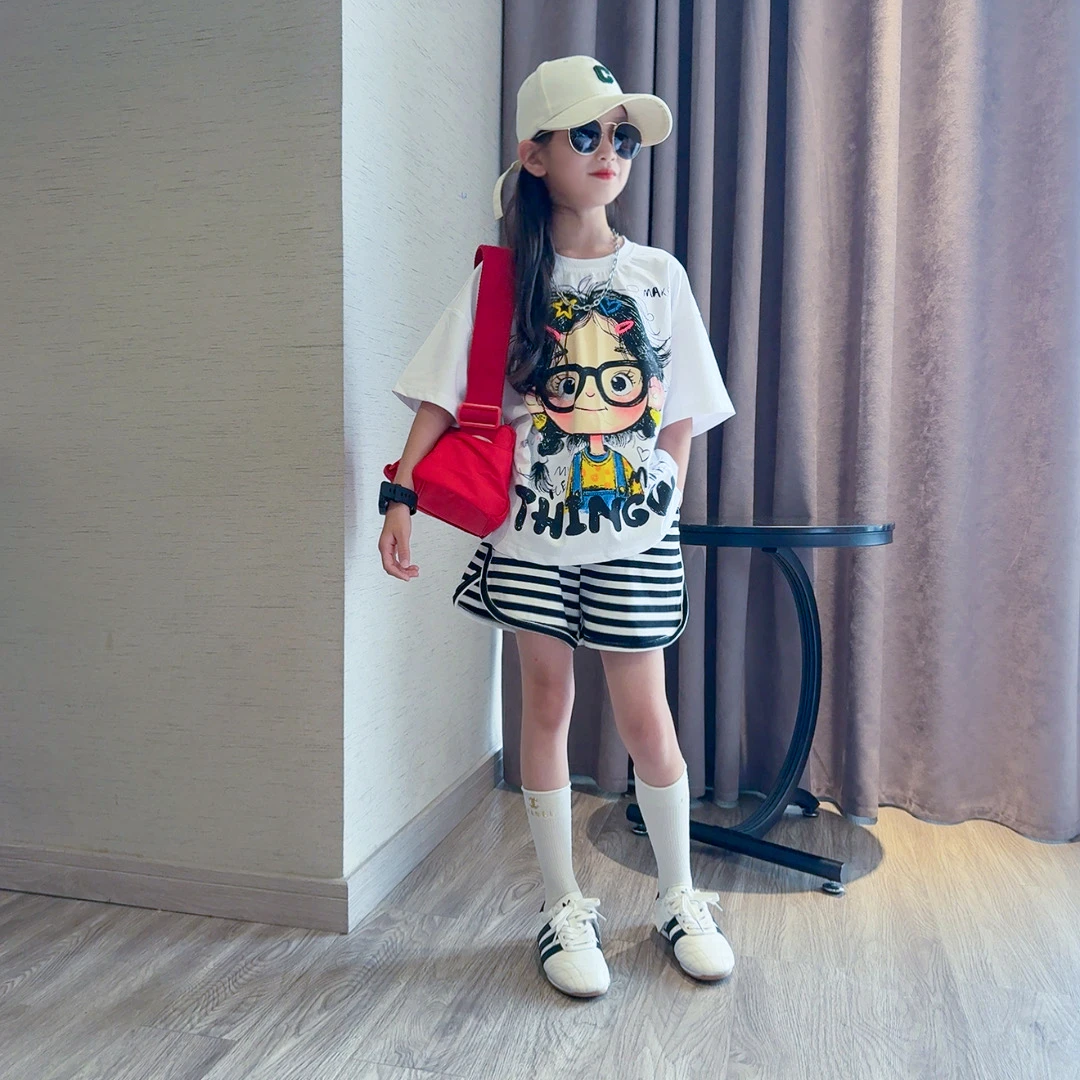 女童夏装套装2025新款儿童夏季洋气时髦短袖T恤短裤两件套小孩装