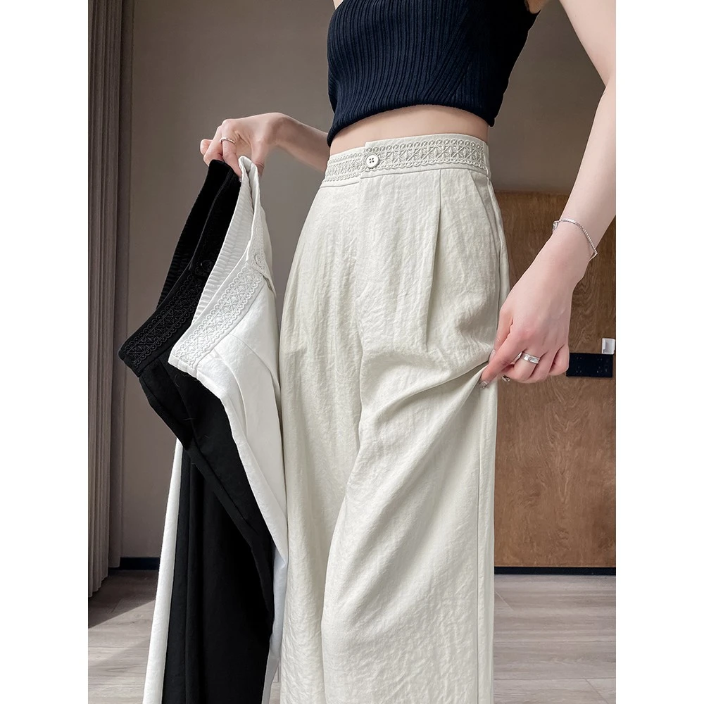 杏色阔腿裤女高腰夏薄季2025新款宽松直筒裤显瘦垂感亚麻拖地裤子