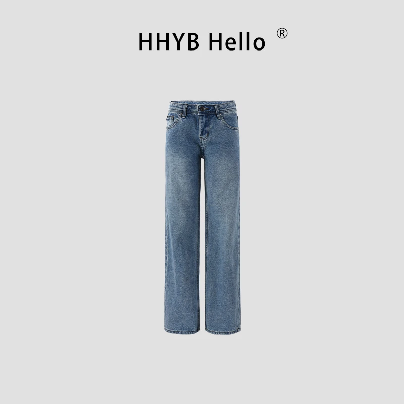 HHYB Hello2025复古浅蓝水洗做旧中低腰宽松直筒牛仔长裤Q254220