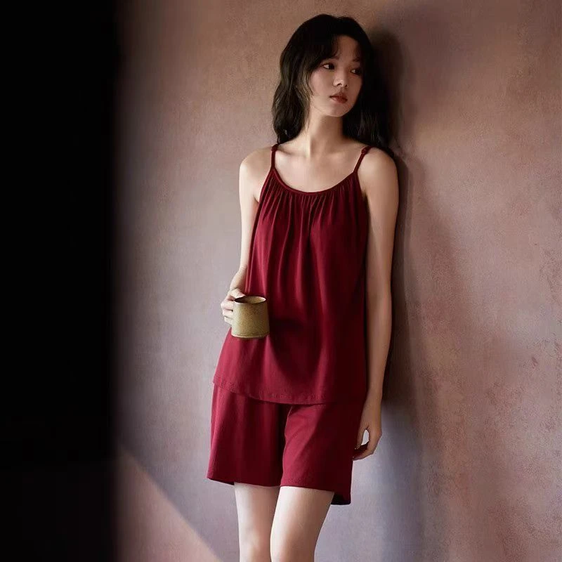夏季莫代尔棉带胸垫吊带短裤女士睡衣甜美显瘦少女外穿家居服套装