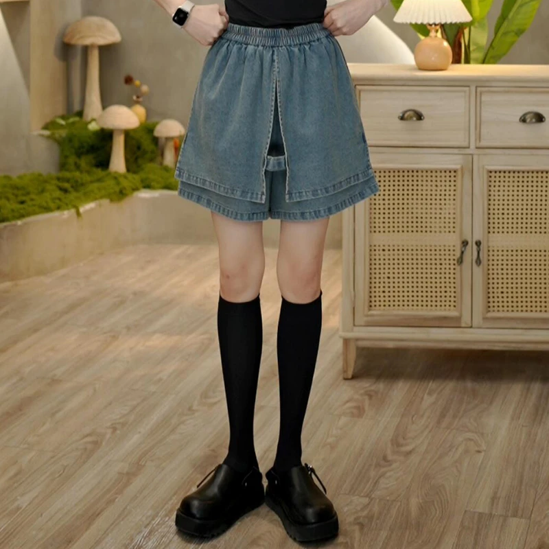 3565 夏季新款复古牛仔裤双层花苞裤百搭时尚薄款松紧腰短裤