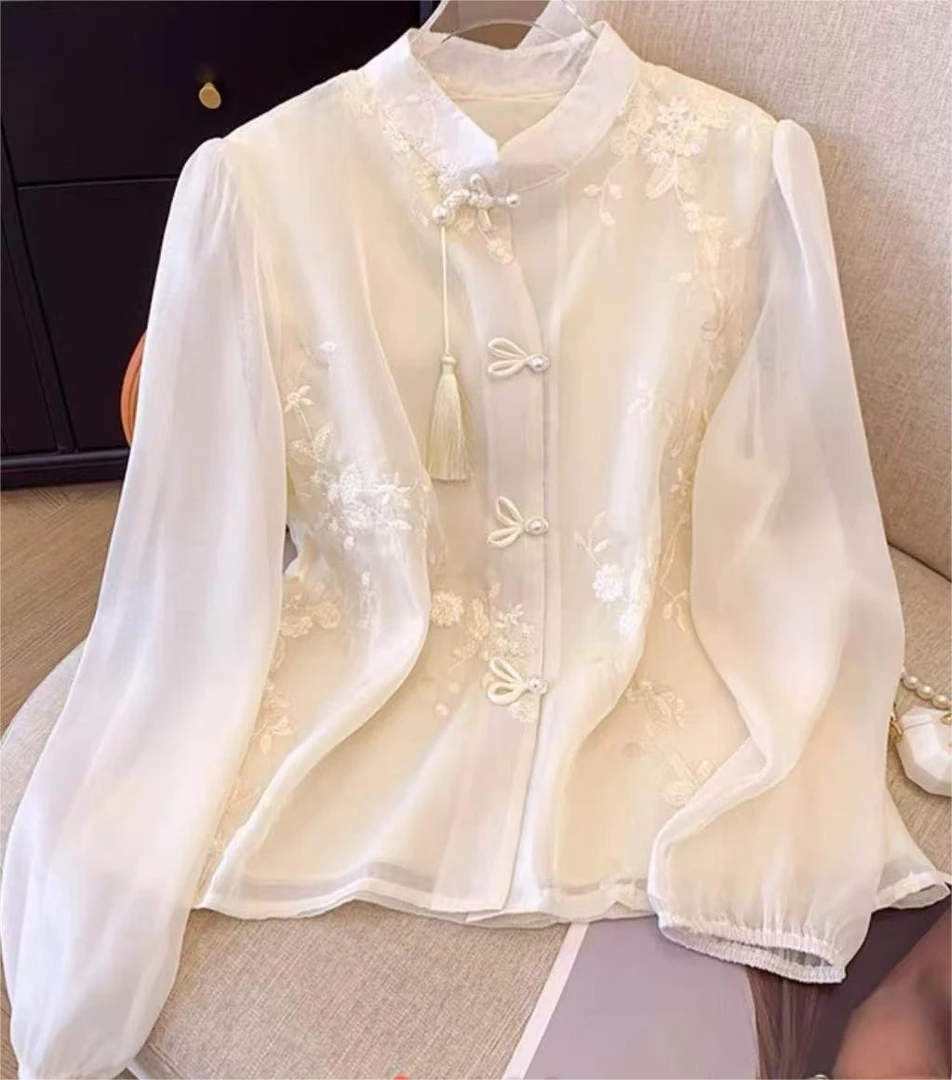 【230】中国风刺绣拼接衬衫新中式复古盘扣立领气质上衣