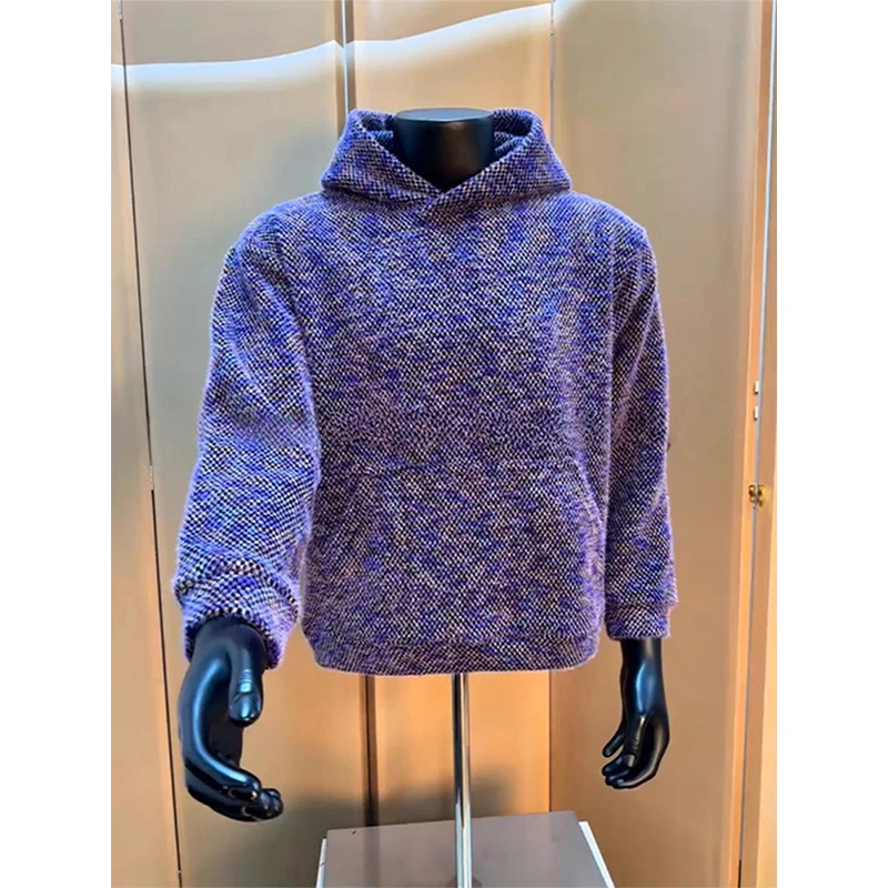 莫奈紫复古针织连帽卫衣男女冬季加厚高级感重磅帽衫短宽boxy外套
