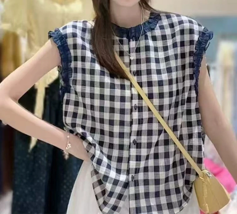 【运费补贴】9998花边格纹法式衬衫女新款百搭上衣独特超好看小衫