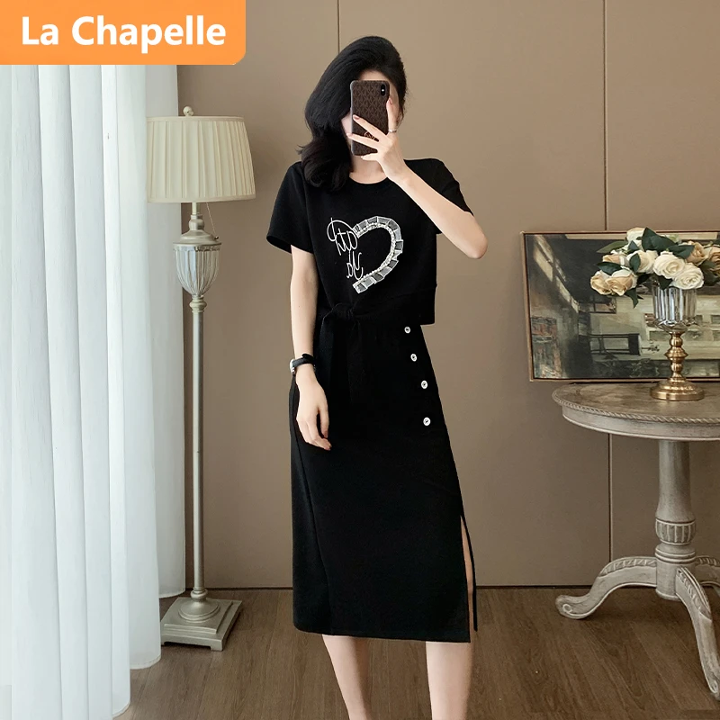 拉夏贝尔温柔风休闲时尚套装裙女潮流黑色蝴蝶结短袖T恤半身裙潮