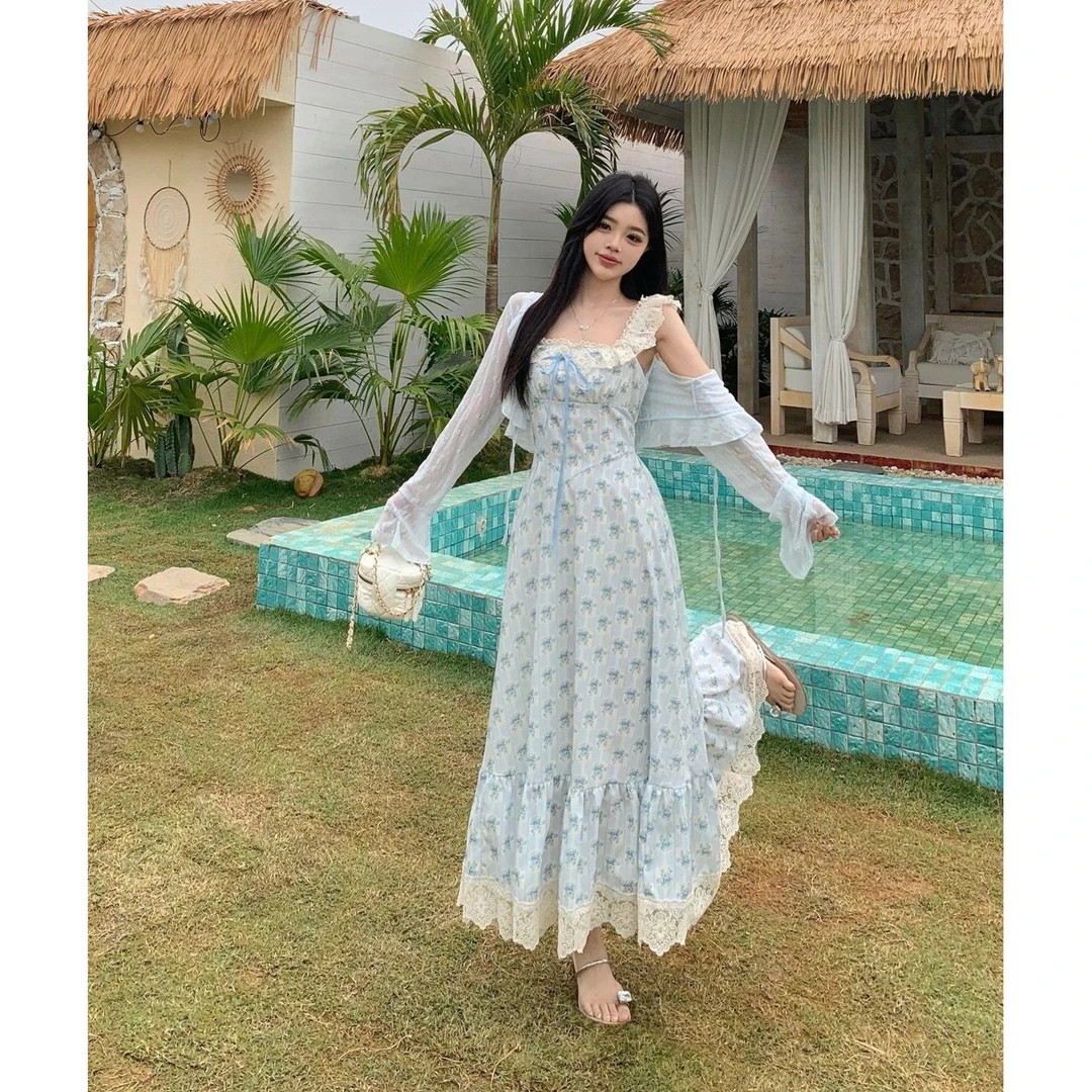 大码【栀海觅蓝】蕾丝拼接碎花连衣裙新款方领收腰显瘦长款裙子
