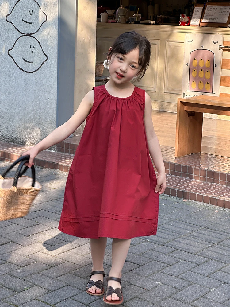 【新品】女童棉布裙子2025夏季连衣裙红色气质无袖公主背心裙25B160