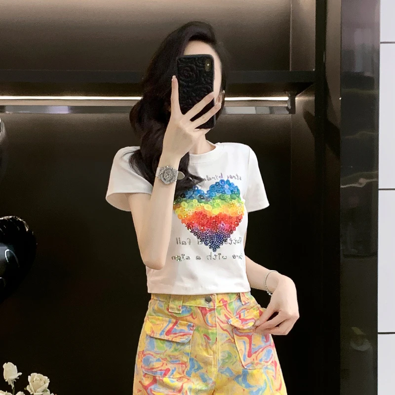 美式复古圆领彩虹爱心烫钻时尚短袖T恤女2025夏新款修身显瘦上衣