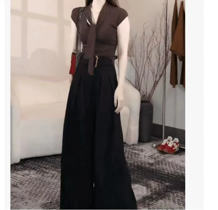 新款气质修身显瘦上衣高腰直筒阔腿裤女装