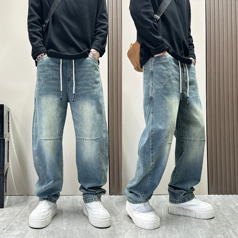 男生美式复古弯刀牛仔裤男2025夏季新款痞帅风直筒显瘦镰刀阔腿裤