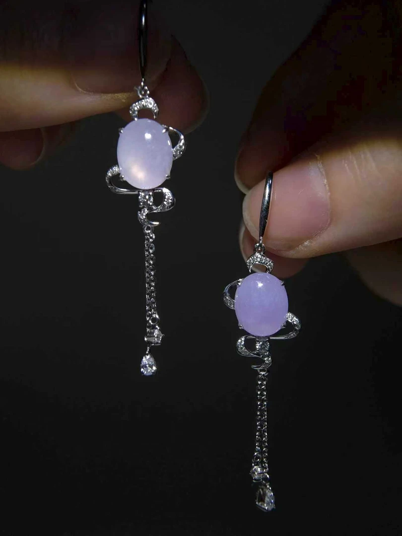 媞姿耳饰  缅甸翡翠A货紫罗兰蛋面流苏款