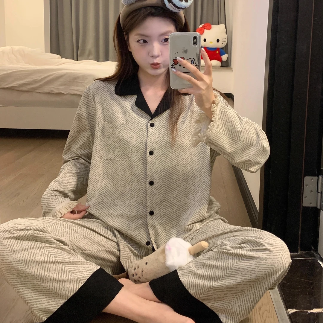睡衣女春秋长袖长裤ins高档复古休闲翻领可外穿秋季家居服套装纯