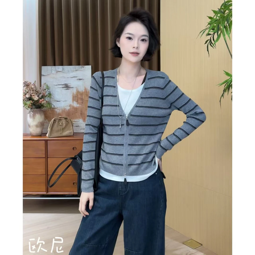 欧尼私服 2025早秋新款双拉链假两件条纹针织衫宽松上衣2509C5344