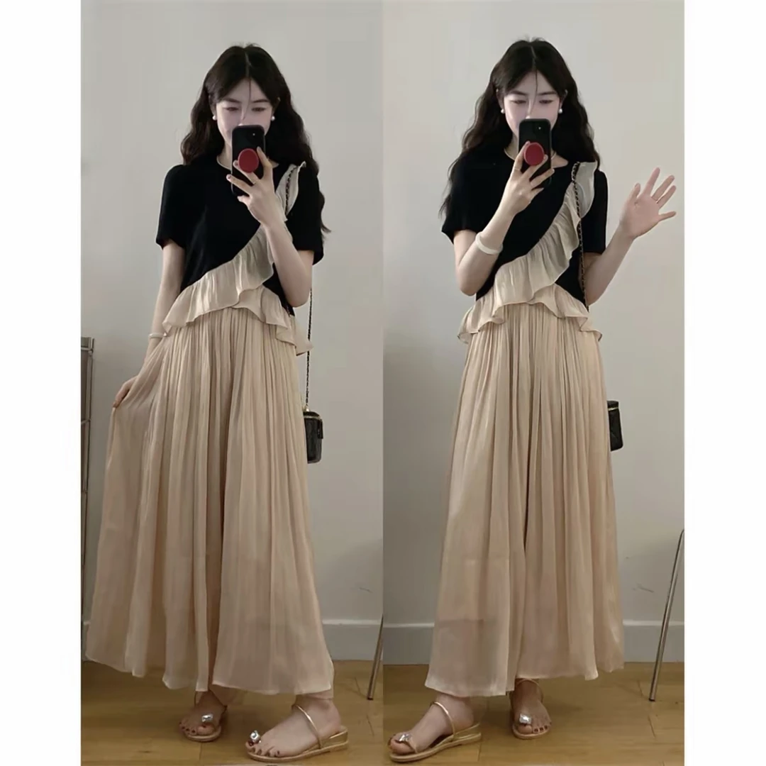 时尚套装上衣夏季假两件时尚拼接短袖小众宽松长裙