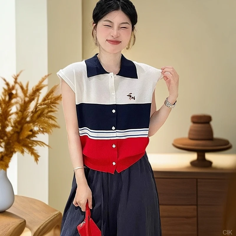 今年流行2025夏季新款拼色条纹设计感针织女休闲宽松减龄百搭上衣